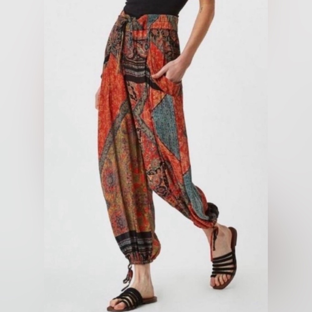 Free People Orange Multi Patchwork Wide Leg Harem Pants